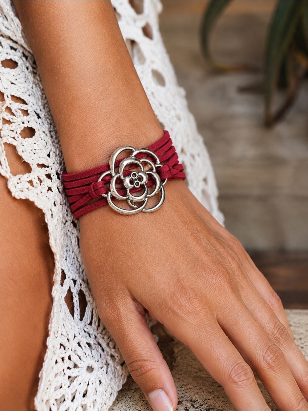 Burgundy Faux Suede Wrap Bracelet Silver Floral Statement Boho